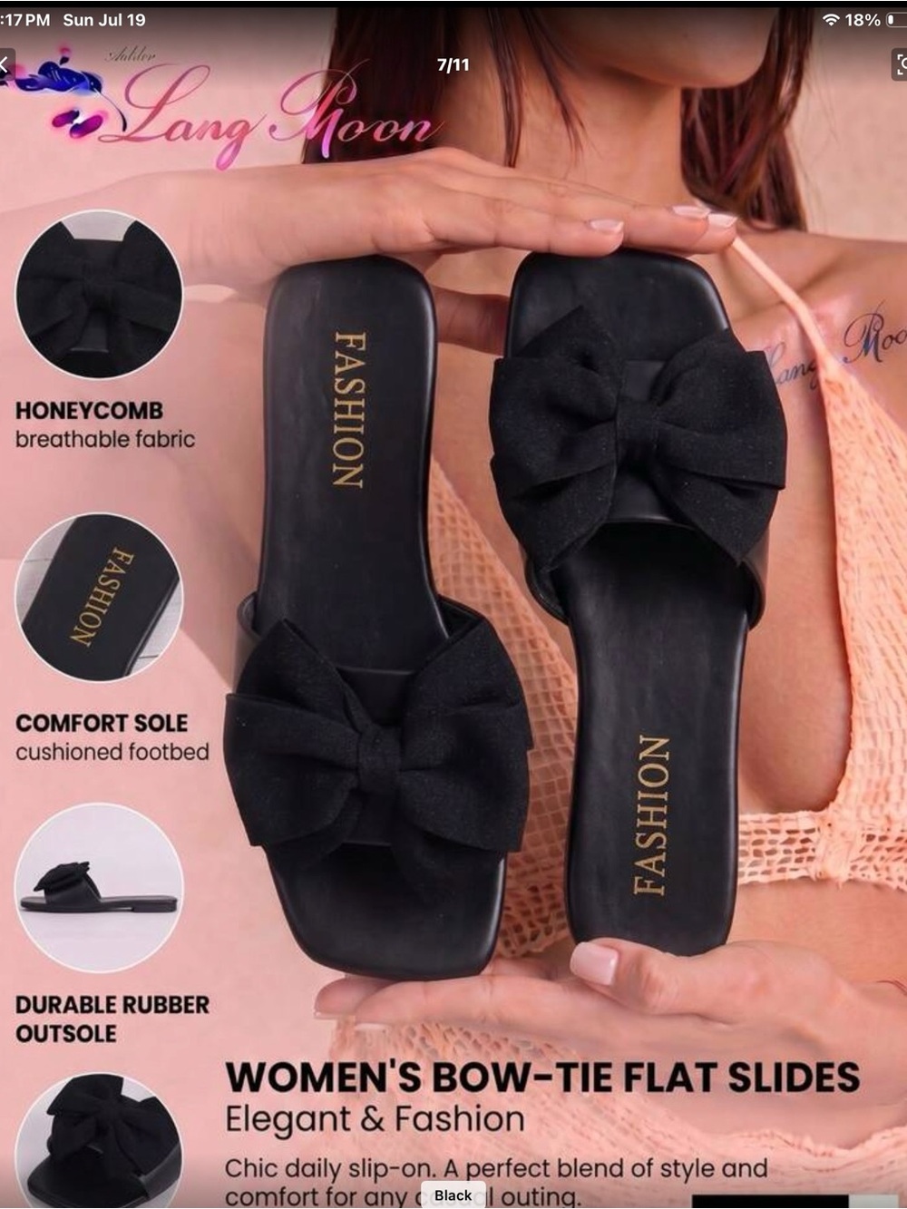 Women's Black Bow-Tie Flat Slides
